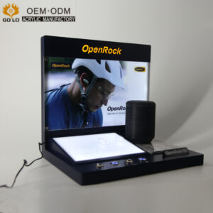 Bluetooth earphone speaker dual purpose acrylic display rack with background light emitting typing product display rack for exhibition use