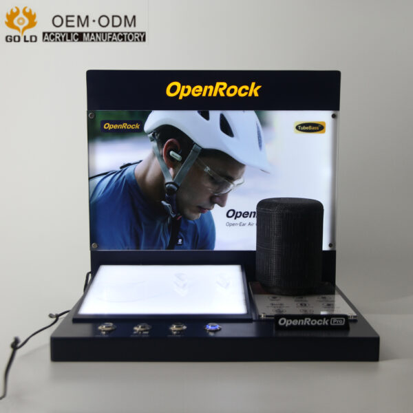 Bluetooth earphone speaker dual purpose acrylic display rack with background light emitting typing product display rack for exhibition use - Image 2